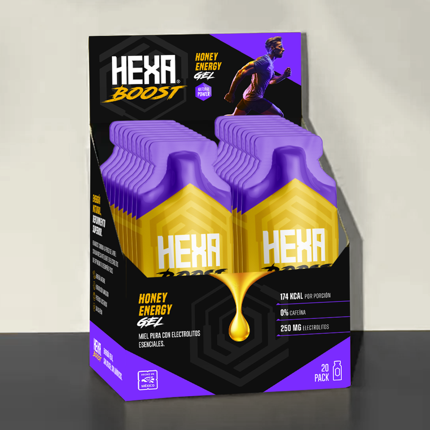 HEXABOOST Honey Energy Gel – Caja con 20 sachets sabor limón